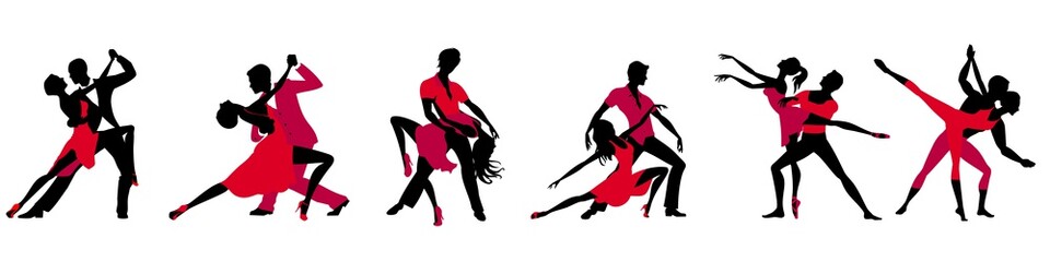 Silhouettes of dancers, vektor illustrations - obrazy, fototapety, plakaty