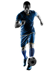 one caucasian soccer player man playing in silhouette isolated on white background © snaptitude