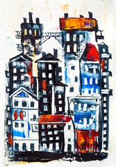 Abstract painting of city buildings