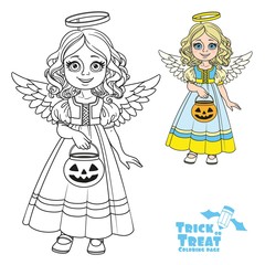 Cute girl in angel costume holding a pumpkin bag for sweets  trick or treat color and outlined for coloring page