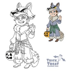Cute boy in werewolf costume with a pumpkin bag for sweets trick or treat color and outlined for coloring page
