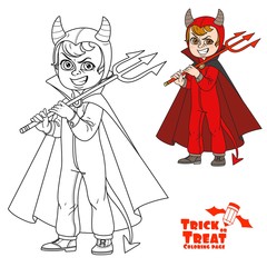 Cute boy in overalls devil costume with a trident in his hand  trick or treat color and outlined for coloring page