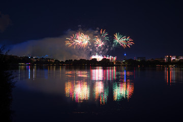 nightly panorama of Hamburg - Inner City with firework over the lake Alster