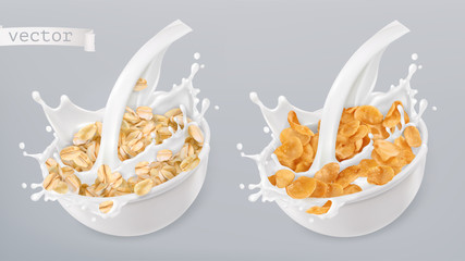 Rolled oats and milk splashes. Corn flakes. 3d realistic vector icon set