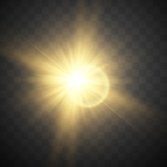 Shining vector golden sun with light effects isolated on transparent background. Vector illustration.