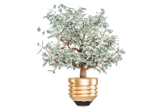 Investment or energy savings concept. Lightbulb with money tree inside, 3D rendering