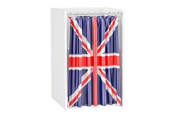 Vote in United Kingdom concept, voting booth with British flag, 3D rendering