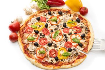 Pizza with ham, pepper and olives