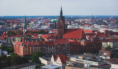 Naklejka premium Beautiful super wide-angle summer aerial view of Hannover, Germany, Lower Saxony, seen from observation deck of New Town Hall, Hanover
