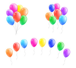 Bunches of colorful helium balloons. Vector.
