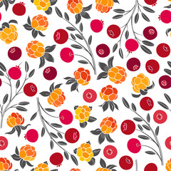 Seamless vector pattern with cranberry and cloudberry on a white background. Northern berries.