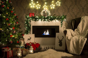Christmas. Room with fireplace and christmas tree