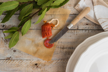 Chorizo sausage and laurel