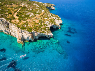 Aerial  view of  Agios Nikolaos blue caves  in Zakynthos (Zante) island, in Greece
