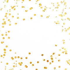 Mock up frame with space for text made of golden confetti on white background. Flat lay, top view. Minimal background.