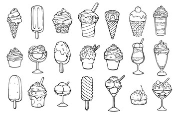Icon set of ice frozen desserts cream, waffle cone, ice cream with caramel or chocolate. ice cream with nuts,sweet vanilla whipped cream and fruit ice. Vector illustration, lines on a white background