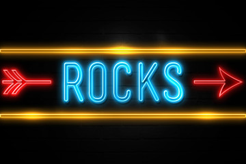 Rocks  - fluorescent Neon Sign on brickwall Front view