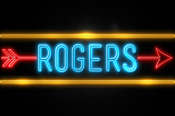 Rogers  - fluorescent Neon Sign on brickwall Front view