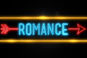 Romance  - fluorescent Neon Sign on brickwall Front view