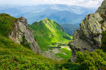 Landscape, travel, tourism. Green mountains, trees, grass. Horizontal frame