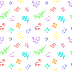 Colorful seamless pattern with children drawing. Doodle elements.