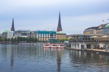 Fototapeta na wymiar View of Hamburg historical center downtown with Alster Lake and Town Hall, Germany