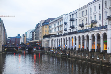Naklejka premium View of Hamburg historical center downtown with Alster Lake and Town Hall, Germany