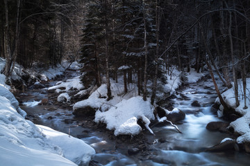 Fototapeta na wymiar Mountain river in winter forest
