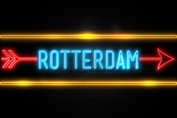 Rotterdam  - fluorescent Neon Sign on brickwall Front view