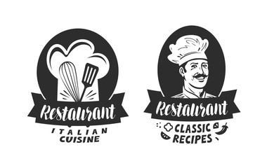 Logo of restaurant. Eatery, diner, bistro label. Lettering vector illustration
