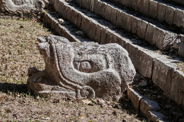 Fototapeta na wymiar Sculpture at the Temple of the Sculptured Panels (Templo de los Retablos) in ancient Mayan city Chichen Itza, Mexico