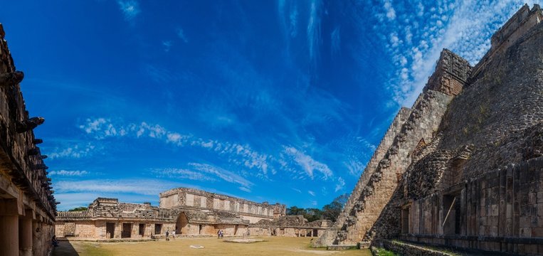 Nun's Quadrangle (Cuadrangulo de las Monjas) building complex and the Pyramid of the Magician (Piramide del adivino) at the ruins of the ancient Mayan city Uxmal, Mexico