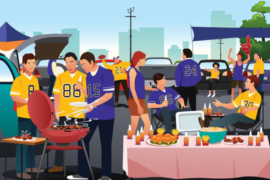 American football fans having a tailgate party
