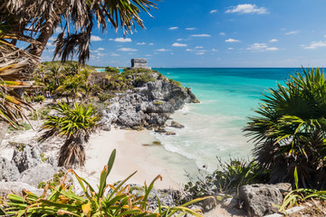 Ruins of the ancient Maya city Tulum and the Caribbean sea, Mexico
