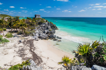 Ruins of the ancient Maya city Tulum and the Caribbean sea, Mexico