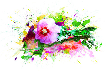Hibiscus Flower, pink color - Watercolor, Splash, Splatter -  Background isolated white - Copy, body, text space