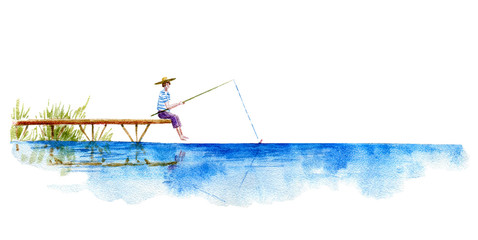 Boy fishing.Lake and pier. Watercolor hand drawn illustration.Summer vacation image.