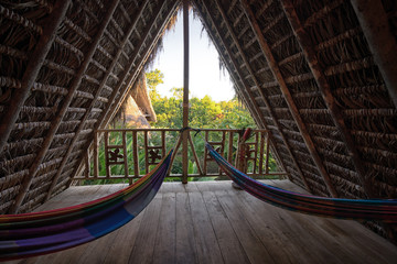 hammocks in eco lodge built from bamboo in the jungle - obrazy, fototapety, plakaty