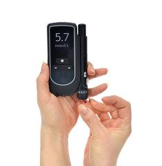 First type Diabetes patient measuring glucose level blood test use glucometer