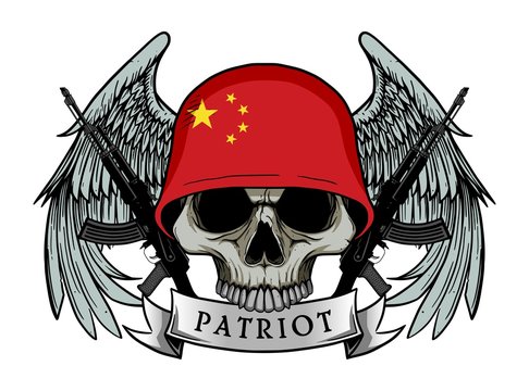 Military skull or patriot skull with CHINA flag Helmet and Wings Background and ak47 Gun