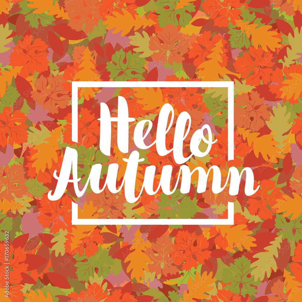 Poster vector calligraphic inscription hello autumn in the frame on the background of seamless texture of c