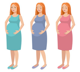 Cute illustration of a happy beautiful pregnant redhead woman in green, blue and pink dress. Vector illustration
