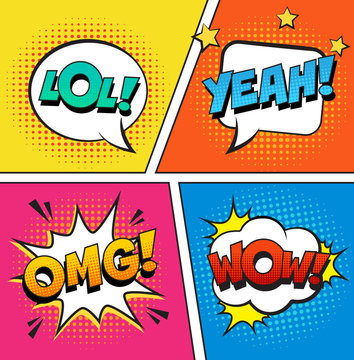Stylish retro comic speech bubbles set on colorful halftone background. Expression text LOL, OMG, WOW, YEAH. Vector illustration, vintage design, pop art style.