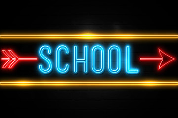 School  - fluorescent Neon Sign on brickwall Front view