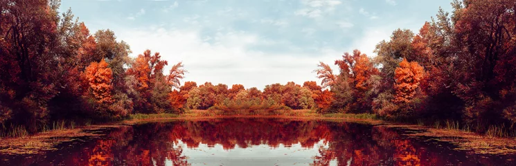 Keuken foto achterwand Herfst Herfstpanorama. Herfst scène. Prachtig herfstpark. Schoonheid natuur scène. Herfstlandschap, Bomen en Bladeren, Reflectie op het water