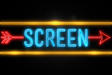 Screen  - fluorescent Neon Sign on brickwall Front view