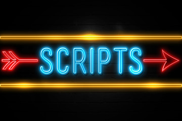 Scripts  - fluorescent Neon Sign on brickwall Front view
