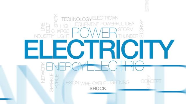 Electricity word cloud, text design animation. Kinetic typography.