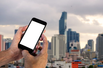 Man hands holding blank screen a smartphone