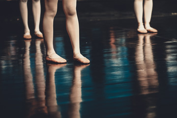 legs of young dancers ballerinas in class classical dance, ballet , Thailand , Color Black and White Style with copyspace